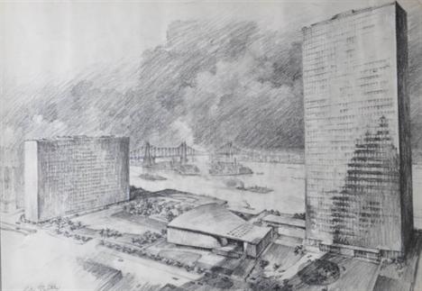 LILI RETHI (Austrian Born 1894) Charcoal drawing, Architectural design for United Nations Headquarters, New York, signed and 