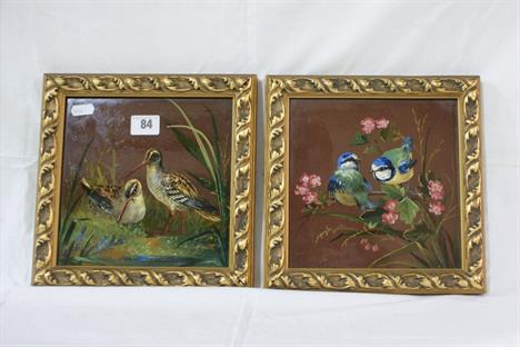 Two Gilt Framed Minton Hollins Ceramic Bird Tiles, One Decorated With Blue Tits Amongst Blossom, The Other A Pair Of Woodcock