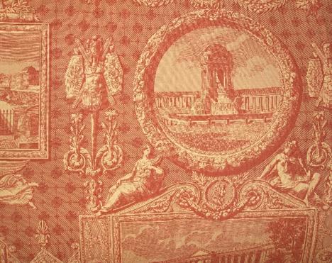 Two pairs of interlined and lined curtains, classical architectural scenes with military trophies in a red rosette field, 267