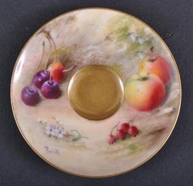 A SMALL ROYAL WORCESTER CIRCULAR SAUCER BY RICKETTES painted with apples and cherries. Signed. Good condition. 4ins diameter.