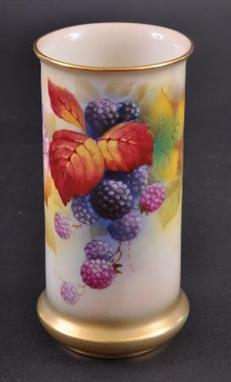 A ROYAL WORCESTER CYLINDRICAL VASE BY KITTY BLAKE painted with berries and leaves. Signed. Mark in puce to base. Good conditi