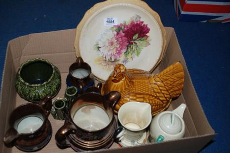A quantity of china incl. Bread Plate, chicken on a nest, small Susie Cooper water jug and lid, lustre ware jugs, a/f, etc.