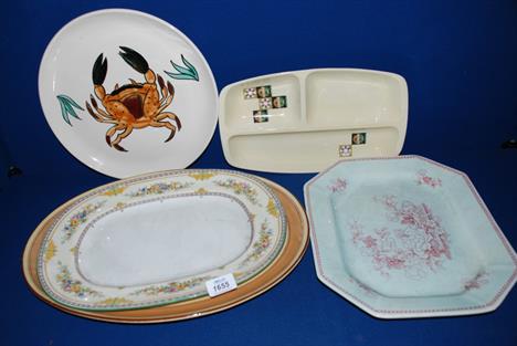 A quantity of Meat Plates incl. two by Minton, Adams, Carlton three section Entree Dish and a hand painted Poole Crab Plate.