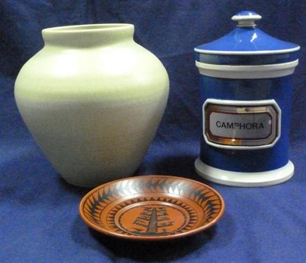 A Pilkingtons Royal Lancastrian ovoid vase, of pale green glaze, 19cm (7.5&quot;) high, a chemist`s jar and cover marked `Cam