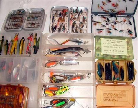 FLIES &amp; LURES (Qty): A Wheatley swing leaf alloy fly box containing approx 50 black hook salmon flies, a Wheatley pocket 