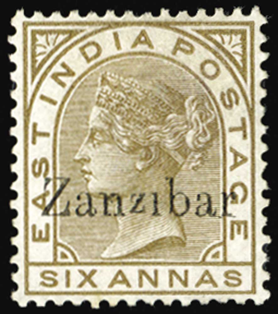 ZANZIBAR 189596 6a pale brown variety "Triple overprint, two albino