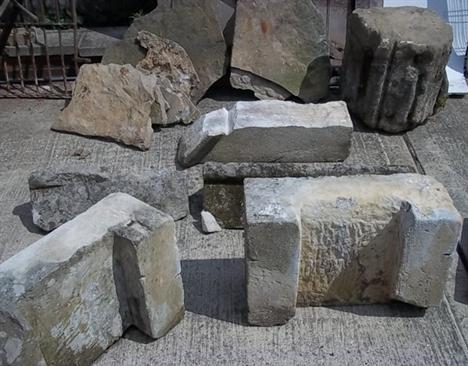 A quantity of large pieces of architectural salvage along with a number of pieces of Collyweston slate. 