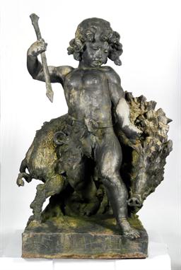 A lead statue by the Bromsgrove Guild - Dryad and Boar, the sculpture depicting a hunter attacking a wild boar, the figure cl