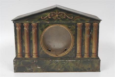 A Victorian/Edwardian `onyx` mantel clock case, triangular architectural pediment, the entablature embossed with wrapped leaf