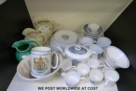 Collection of Susie Cooper, Glen Mist teaware and Royal Doulton binyon pattern jugs.