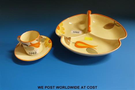 Susie Cooper Productions Crown Works hand painted three section hors d'oeuvres dish, 22 cms, together with a matching coffee 