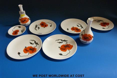A small collection of Susie Cooper Wedgwood 'Corn Poppy' comprising five tea plates, small dish in original box and two vases