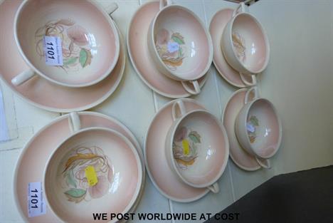Six earthenware two-handled soup bowls (11.5 cm) and stands  in Susie Cooper 'Coraline' pattern
