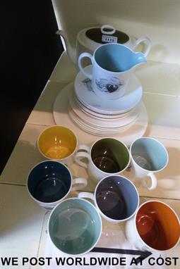 Susie Cooper design Wedgwood 'Black Fruit' tea set comprising of tea pot and cover, milk, sugar with cover, six cups and sauc