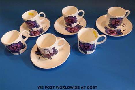 Susie Cooper Wedgwood 'Blue Anemone' pattern six cups and saucers c1971