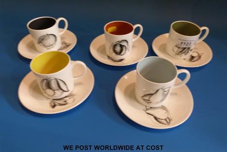 Susie Cooper 'Black Fruit' design five cups and saucers in grape, pear, cherry, peach and apple