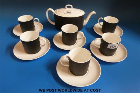 Susie Cooper Wedgwood 'Contrast'  teapot and cover, six cups & saucers, pattern no. C2068 c1965
