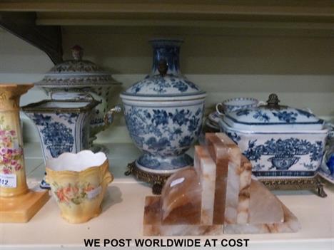 A large collection of decorative ceramics including ormolu mounted caskets, Minton, blue and white, Campana urn, glassware et