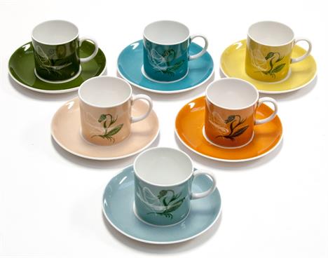 A harlequin set of six 1950s Susie Cooper coffee cans and saucers, various colours, hand painted with floral specimens, 6.4cm