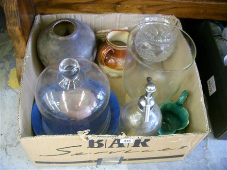 A box of assorted glassware and ceramics including Pilkington`s Royal Lancastrian glass cheese dome etc. 