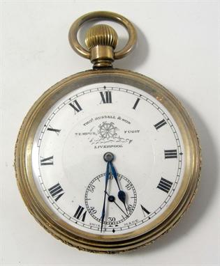 A gold plated Elgin Russell model pocket watch for Thos A gold plated Elgin Russell model pocket watch for Thos