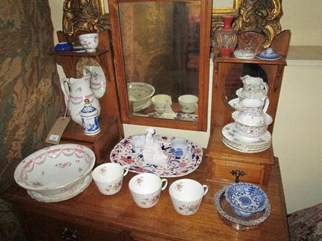 A collection of porcelain and other items, to include Minton cups and saucers, Goode & Co. water jug and bowl and Dresden pot