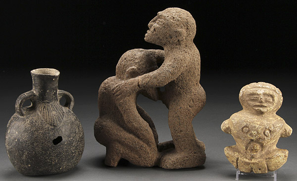 A THREE PIECE PRE-COLUMBIAN STONE ARTIFACT AND POTTERY GROUP.  Comprising a Moche carved granite 